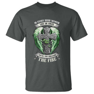 Irish Women T Shirt In Every Irish Woman Lies An Angel Until You Unleash The Fire TS09 Dark Heather Print Your Wear