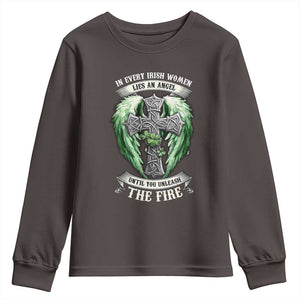 Irish Women Youth Sweatshirt In Every Irish Woman Lies An Angel Until You Unleash The Fire TS09 Dark Chocolate Print Your Wear