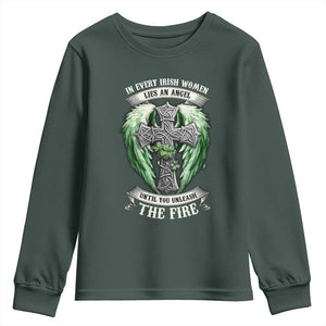 Irish Women Youth Sweatshirt In Every Irish Woman Lies An Angel Until You Unleash The Fire TS09 Dark Forest Green Print Your Wear