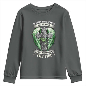 Irish Women Youth Sweatshirt In Every Irish Woman Lies An Angel Until You Unleash The Fire TS09 Dark Heather Print Your Wear
