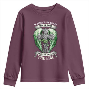 Irish Women Youth Sweatshirt In Every Irish Woman Lies An Angel Until You Unleash The Fire TS09 Maroon Print Your Wear