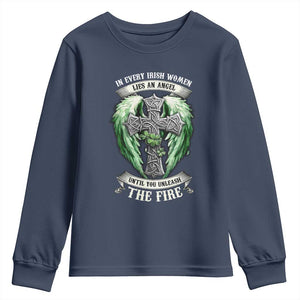 Irish Women Youth Sweatshirt In Every Irish Woman Lies An Angel Until You Unleash The Fire TS09 Navy Print Your Wear