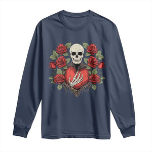 Valentine's Day Long Sleeve Shirt Skeleton Hand Heart Sign Red Rose Flower Gothic TS09 Navy Print Your Wear
