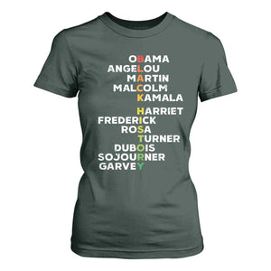 Black History Leaders T Shirt For Women Obama Martin Malcolm Harriet TS09 Dark Forest Green Print Your Wear