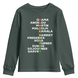 Black History Leaders Youth Sweatshirt Obama Martin Malcolm Harriet TS09 Dark Forest Green Print Your Wear