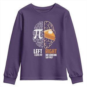 Funny Pi Day Youth Sweatshirt Left Vs Right Brain 3,14 Pie Math Lover TS09 Purple Print Your Wear