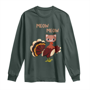 Thanksgiving Long Sleeve Shirt Funny Turkey Fake Meow Meow TS09 Dark Forest Green Print Your Wear