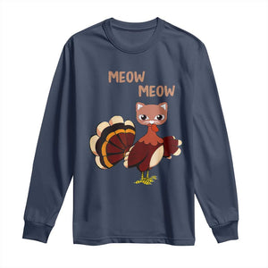 Thanksgiving Long Sleeve Shirt Funny Turkey Fake Meow Meow TS09 Navy Print Your Wear