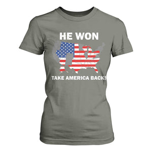 Trump Won 2024 T Shirt For Women Trump Election Map 2024 He Won Take America Back TS09 Military Green Print Your Wear