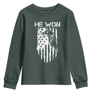 Trump Won 2024 Youth Sweatshirt He Won Patriotic America Flag Eagle TS09 Dark Forest Green Print Your Wear