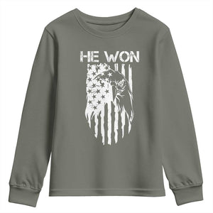 Trump Won 2024 Youth Sweatshirt He Won Patriotic America Flag Eagle TS09 Military Green Print Your Wear