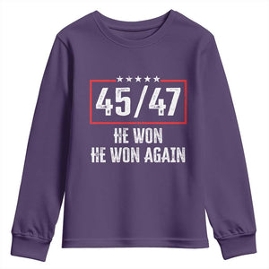 Trump Won 2024 Youth Sweatshirt 45 47 He Won He Won Again TS09 Purple Print Your Wear