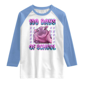 100th Day Of School Raglan Shirt Cute Moo Deng Baby Hippo 100 Days TS09 White Carolina Blue Print Your Wear