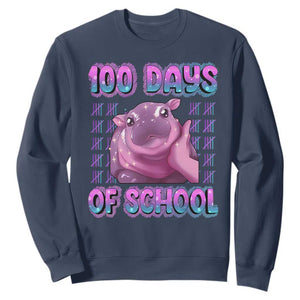 100th Day Of School Sweatshirt Cute Moo Deng Baby Hippo 100 Days TS09 Navy Print Your Wear