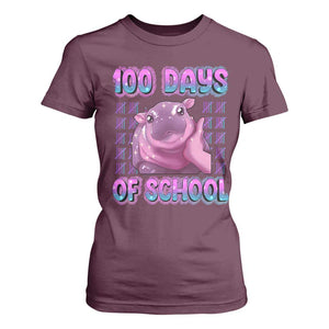 100th Day Of School T Shirt For Women Cute Moo Deng Baby Hippo 100 Days TS09 Maroon Print Your Wear