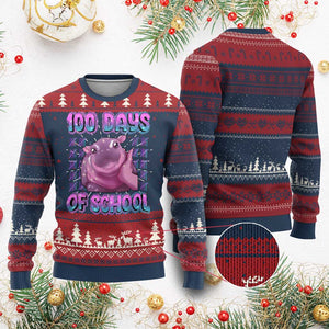 100th Day Of School Ugly Christmas Sweater Cute Moo Deng Baby Hippo 100 Days TS09 Burgundy Print Your Wear