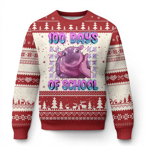 100th Day Of School Ugly Christmas Sweater Cute Moo Deng Baby Hippo 100 Days TS09 Red Print Your Wear