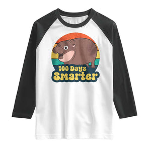 100th Day Of School Raglan Shirt Moo Deng 100 Days Smarter Retro Baby Hippo TS09 White Black Print Your Wear