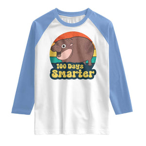 100th Day Of School Raglan Shirt Moo Deng 100 Days Smarter Retro Baby Hippo TS09 White Carolina Blue Print Your Wear