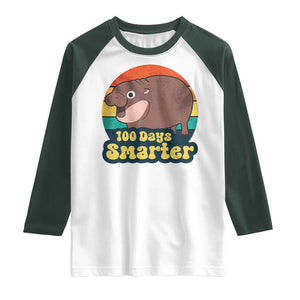 100th Day Of School Raglan Shirt Moo Deng 100 Days Smarter Retro Baby Hippo TS09 White Dark Forest Green Print Your Wear