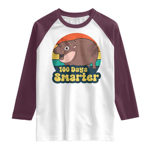 100th Day Of School Raglan Shirt Moo Deng 100 Days Smarter Retro Baby Hippo TS09 White Maroon Print Your Wear