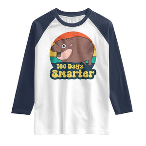 100th Day Of School Raglan Shirt Moo Deng 100 Days Smarter Retro Baby Hippo TS09 White Navy Print Your Wear