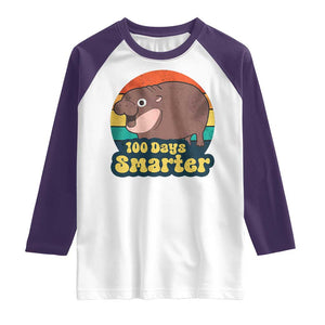 100th Day Of School Raglan Shirt Moo Deng 100 Days Smarter Retro Baby Hippo TS09 White Purple Print Your Wear