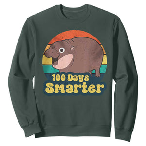 100th Day Of School Sweatshirt Moo Deng 100 Days Smarter Retro Baby Hippo TS09 Dark Forest Green Print Your Wear