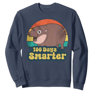100th Day Of School Sweatshirt Moo Deng 100 Days Smarter Retro Baby Hippo TS09 Navy Print Your Wear