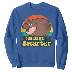 100th Day Of School Sweatshirt Moo Deng 100 Days Smarter Retro Baby Hippo TS09 Royal Blue Print Your Wear