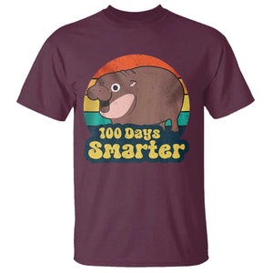 100th Day Of School T Shirt Moo Deng 100 Days Smarter Retro Baby Hippo TS09 Maroon Print Your Wear