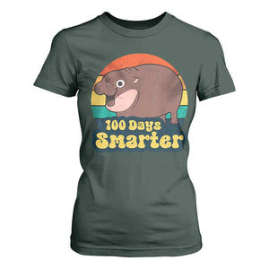 100th Day Of School T Shirt For Women Moo Deng 100 Days Smarter Retro Baby Hippo TS09 Dark Forest Green Print Your Wear