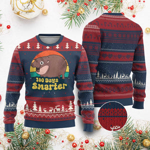 100th Day Of School Ugly Christmas Sweater Moo Deng 100 Days Smarter Retro Baby Hippo TS09 Burgundy Print Your Wear