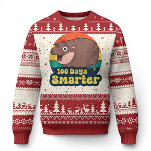 100th Day Of School Ugly Christmas Sweater Moo Deng 100 Days Smarter Retro Baby Hippo TS09 Red Print Your Wear