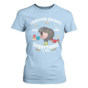 Funny Moo Deng 100th Day Of School T Shirt For Women I Survived 100 Days Everything Is Fine TS09 Light Blue Print Your Wear