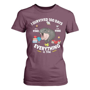 Funny Moo Deng 100th Day Of School T Shirt For Women I Survived 100 Days Everything Is Fine TS09 Maroon Print Your Wear