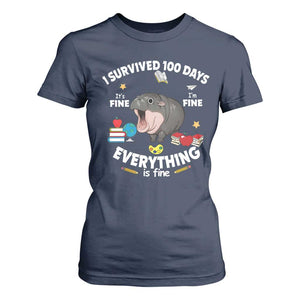 Funny Moo Deng 100th Day Of School T Shirt For Women I Survived 100 Days Everything Is Fine TS09 Navy Print Your Wear