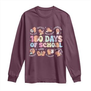 100th Day Of School Cute Capybara Long Sleeve Shirt Motor Skills Creativity Problem Solving Communication TS09 Maroon Print Your Wear