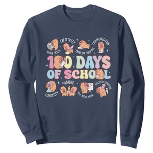 100th Day Of School Cute Capybara Sweatshirt Motor Skills Creativity Problem Solving Communication TS09 Navy Print Your Wear