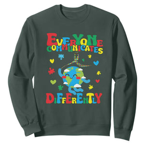 Autism Awareness Sweatshirt Everyone Communicates Different Puzzle Cute Earth TS09 Dark Forest Green Printyourwear