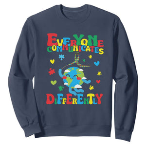 Autism Awareness Sweatshirt Everyone Communicates Different Puzzle Cute Earth TS09 Navy Printyourwear