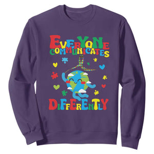 Autism Awareness Sweatshirt Everyone Communicates Different Puzzle Cute Earth TS09 Purple Printyourwear