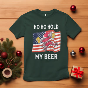 Funny Drunk Santa Christmas T Shirt Ho Ho Hold My Beer USA Flag TS09 Dark Forest Green Printyourwear