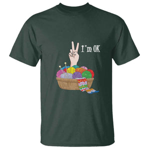 Funny Crochet T Shirt I'm Ok Knitting TS09 Dark Forest Green Print Your Wear