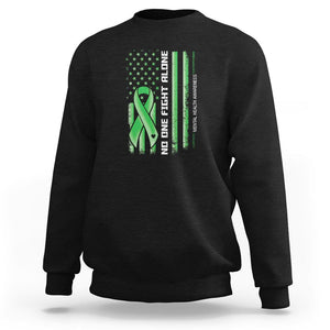 Mental Health Awareness Sweatshirt No One Fights Alone America Flag Green Ribbon TS09 Black Printyourwear
