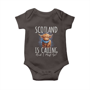 Scotland is Calling and I must Go Highland Cow Baby Onesie TS09 Dark Chocolate Print Your Wear