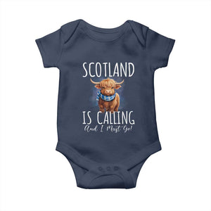 Scotland is Calling and I must Go Highland Cow Baby Onesie TS09 Navy Print Your Wear