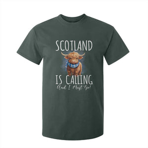 Scotland is Calling and I must Go Highland Cow T Shirt For Kid TS09 Dark Forest Green Print Your Wear