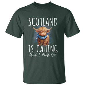 Scotland is Calling and I must Go Highland Cow T Shirt TS09 Dark Forest Green Print Your Wear