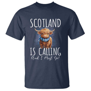 Scotland is Calling and I must Go Highland Cow T Shirt TS09 Navy Print Your Wear